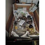 A box of varied door knobs including glass and some boxes of screws.