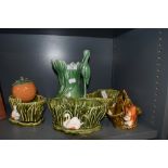A collection of sylvac including vase with stork to handle and planters featuring swans.