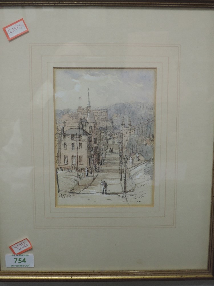 A watercolour, WRB, Fareham Castle, monogrammed, 16 x 12cm, framed and glazed