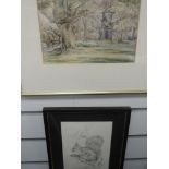 A watercolour, woodland landscape, 17 x 25cm, framed and glazed, and a print, squirrel, 20 x 16cm,