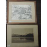 An etching after B Eyre Walker, October Snow Windermere, signed, 20 x 30cm, framed and glazed, and a