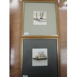 A near pair of watercolours, oast house, and trees, indistinctly signed, 13 x 12cm, framed and