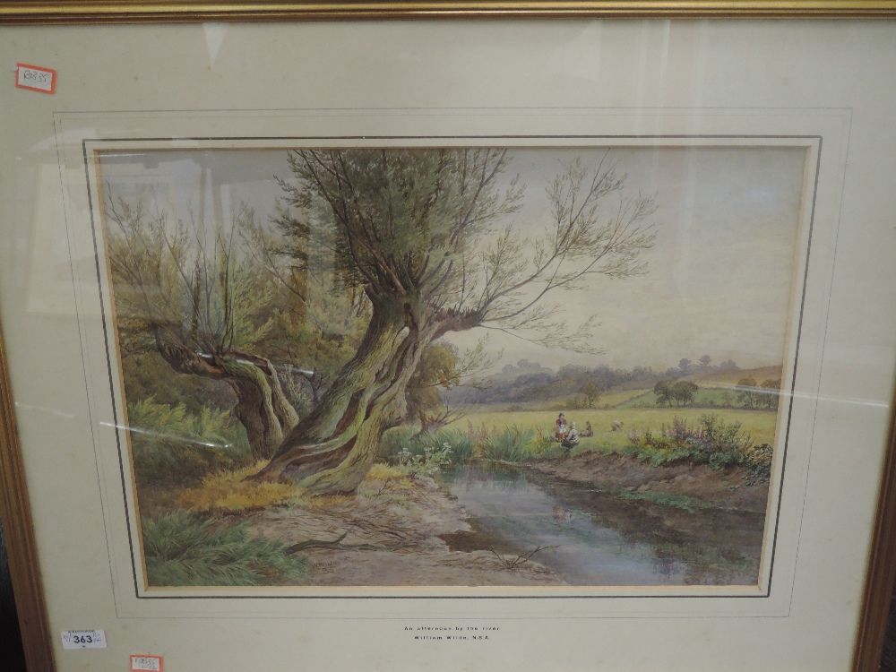 A watercolour, William Wilde, An afternoon by the river, signed, attributed verso, 36 x 48cm, framed