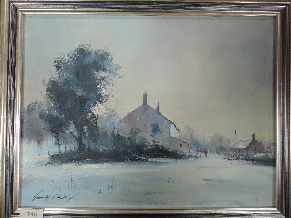 An oil painting, Gerald Phillips, winter village, signed and dated, 1988, and attributed verso, 29 x