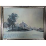 An oil painting, Gerald Phillips, winter village, signed and dated, 1988, and attributed verso, 29 x