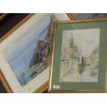 A watercolour, W Downs, townscape, signed, 27 x 19cm, framed and glazed, and a watercolour,