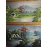 A near pair of oil paintings, Indonesian landscapes, indistinctly signed, 63 x 129cm and 57 x 121cm,