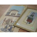 A watercolour, Antigna, serving lady, signed, 26 x 13cm, framed and glazed, and a watercolour,