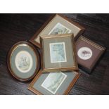 A selection of decorative pictures, inc style of Baxter, landscape, 7 x 10cm, framed and glazed