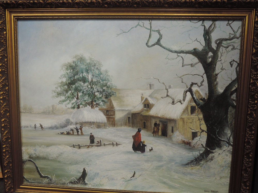 An oil painting, Audrey Gabbert, nostalgic cottage in snow, signed, 60 x 75cm, framed