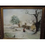 An oil painting, Audrey Gabbert, nostalgic cottage in snow, signed, 60 x 75cm, framed