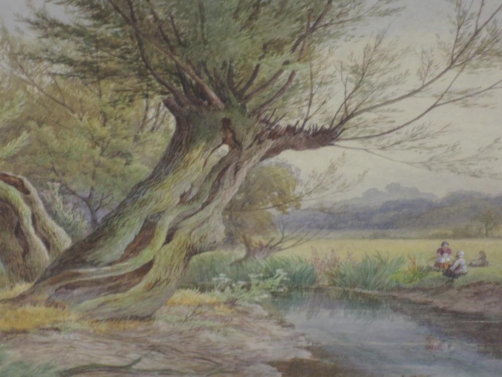 A watercolour, William Wilde, An afternoon by the river, signed, attributed verso, 36 x 48cm, framed - Image 2 of 2