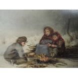 An oil painting on board, Bowyers, 19th century children by winter fire, indistinctly signed, 11 x