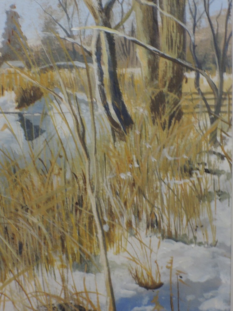 An acrylic painting, Marion Bradley, winter trees, signed and attributed verso, 29 x 12cm, framed