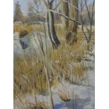 An acrylic painting, Marion Bradley, winter trees, signed and attributed verso, 29 x 12cm, framed