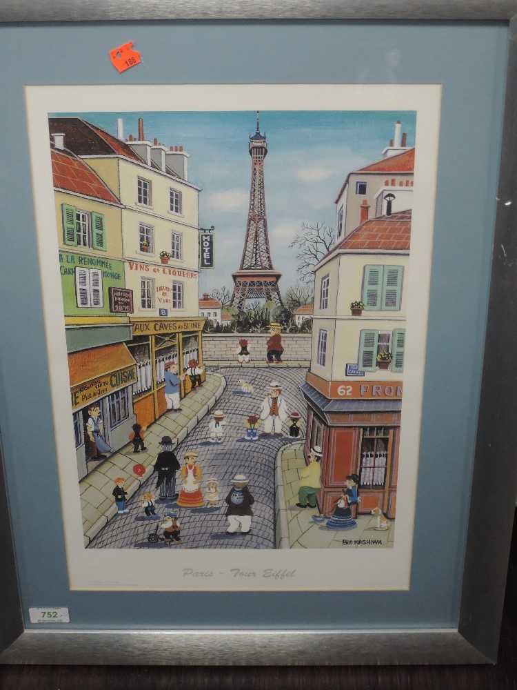 A pair of prints, Bin Kashina, Paris, 44 x 30cm, framed and glazed