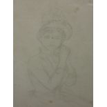 A pencil sketch, CR, lady in 18th century dress, monogrammed, 25 x 17cm, framed and glazed