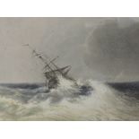 A watercolour, in the style of T B Hardy, galleon in rough sea, 14 x 27cm, framed and glazed