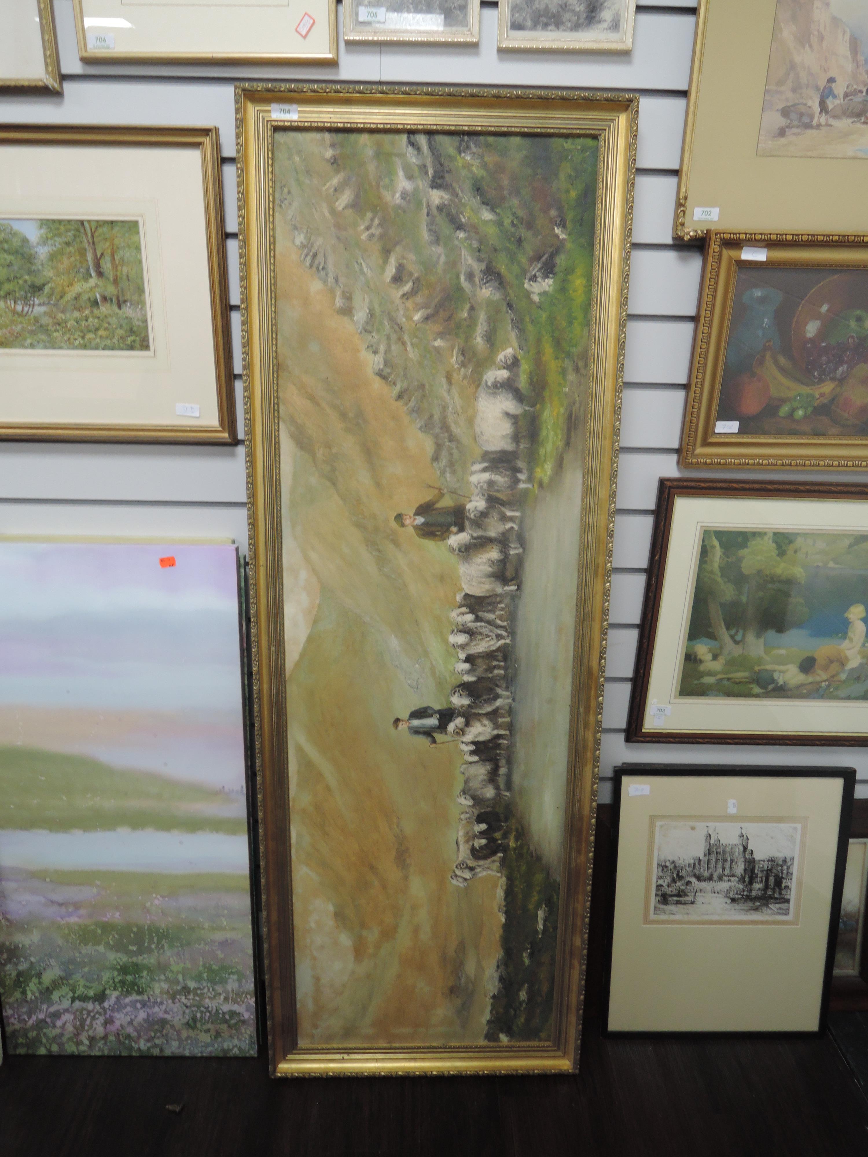 An oil painting, Audle, hill shepherd, indistinctly signed, 45 x 147cm, framed - Image 2 of 2