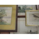 A watercolour, HMC, lake scene monogrammed, 24 x 17cm, framed and glazed, and three prints, inc