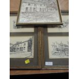 A sketch, F Hodgson, George Romney's cottage, Kendal, signed, 34 x 24cm, framed and glazed, and four