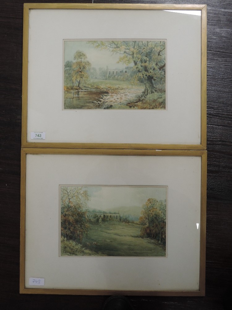 A pair of watercolours, T Chapman, Bolton Abbey, signed, 17 x 25cm, framed and glazed