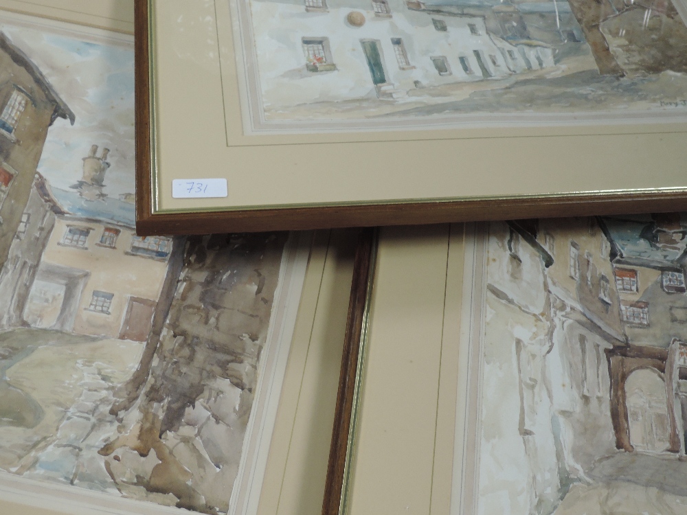 A pair of watercolours, Mary Johnson, street scenes possibly Kendal, 36 x 26cm, framed and glazed,