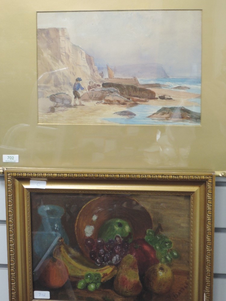 A watercolour, F Hargreaves, coastal landscape, signed, 24 x 35cm, framed and glazed, and an oil