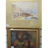 A watercolour, F Hargreaves, coastal landscape, signed, 24 x 35cm, framed and glazed, and an oil