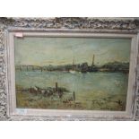 An oil painting on board, Adrian Hill, impressionist estuary, signed, 26 x 40cm, framed