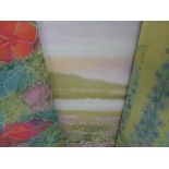 Three textile prints, after Margaret Wilmot, still life, inc Delphiniums, each 93 x 45cm