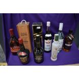 A collection of mixed alcohol including Johnnie Walker Black Label 12 Year Old 1L 43% Vol in card