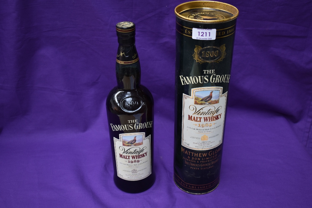 A Bottle of The Famous Grouse Vintage Malt Whisky 1989, aged 12 years, 1lt 43%vol in tin tube