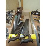 A selection of wood or cabinet makers back saw cross cut and dovetail