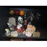 A mixed lot of figurines including Lilliput lanes, Dresden lace figures and two plated candelabras.