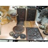 A good selection of hand carved wooden panels in oak and similar woods
