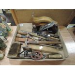 A selection of wood or cabinet makers assorted hand tools including Bailey plane and hand cranked