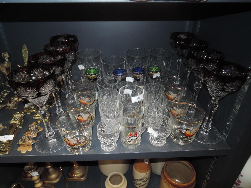 A mixed lot of vintage glasses including coloured cut glass and coloured glass with gilt