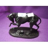 A vintage spelter figure of a greyhound nursing a poorly leg.