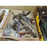 A selection of wood or cabinet makers bit and brace drill and auger sets