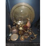 A collection of vintage brass and copper including Farrow and Jackson beer keg tap,large embossed