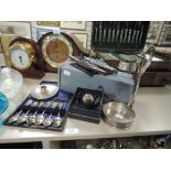 An interesting plated bottle holder, a set of HMY Britannia cufflinks a set of spoons,a