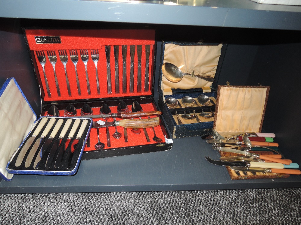 A selection of cutlery and flatwares including fruit knives and Oneida cased canteen