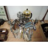 A variety of kitchenalia including Viners cutlery plated salter and cafetieres, also included is a