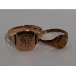 Two 9ct rose gold signet rings having bark effect decoration and monogram, sizes P & W & approx 6.