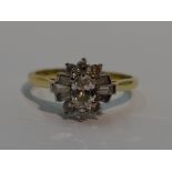 A lady's dress ring having a diamond cluster with central oval diamond surrounded by baguette and