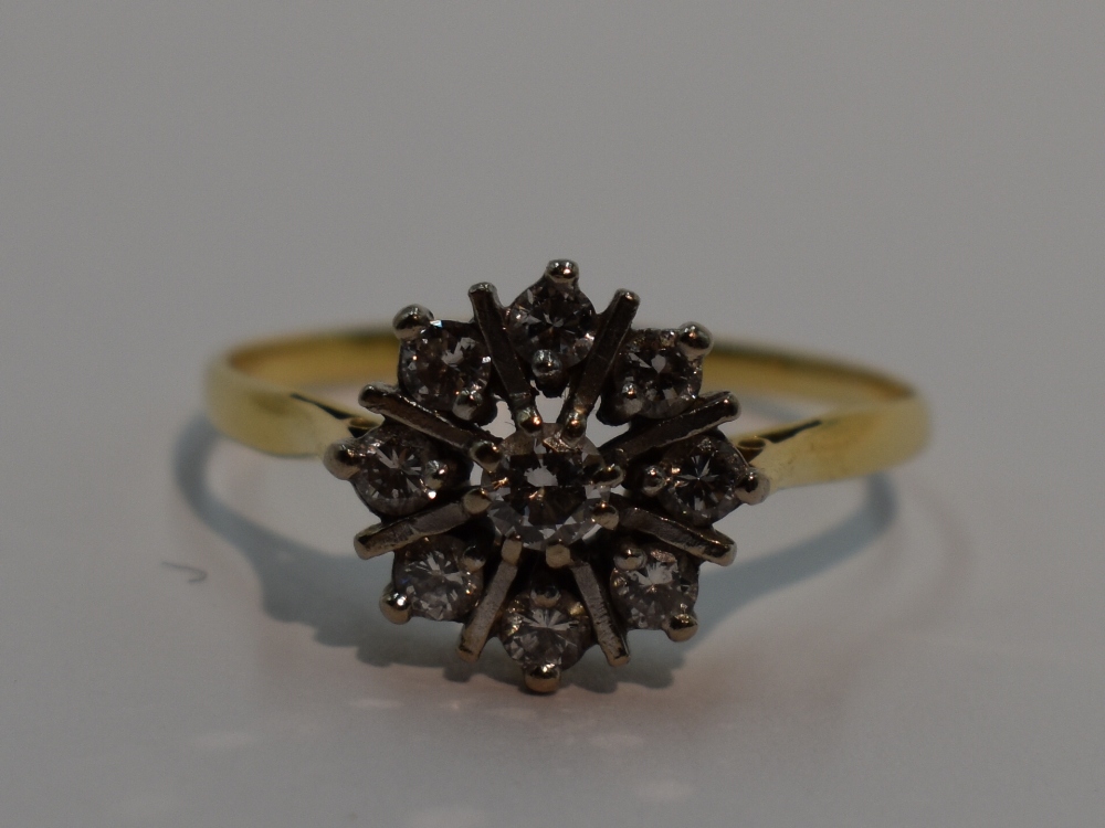 A lady's dress ring having a diamond star burst cluster, approx 0.5ct on a yellow metal loop, no