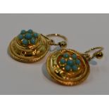 A pair of 9ct gold drop loop earrings of circular form having turquoise decoration