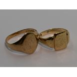 Two 9ct gold signet rings bearing worn monograms, size P & S, sizes P & S and approx 7.3g