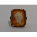 A lady's dress ring having a cameo plaque on orange agate, in a square yellow metal mount on